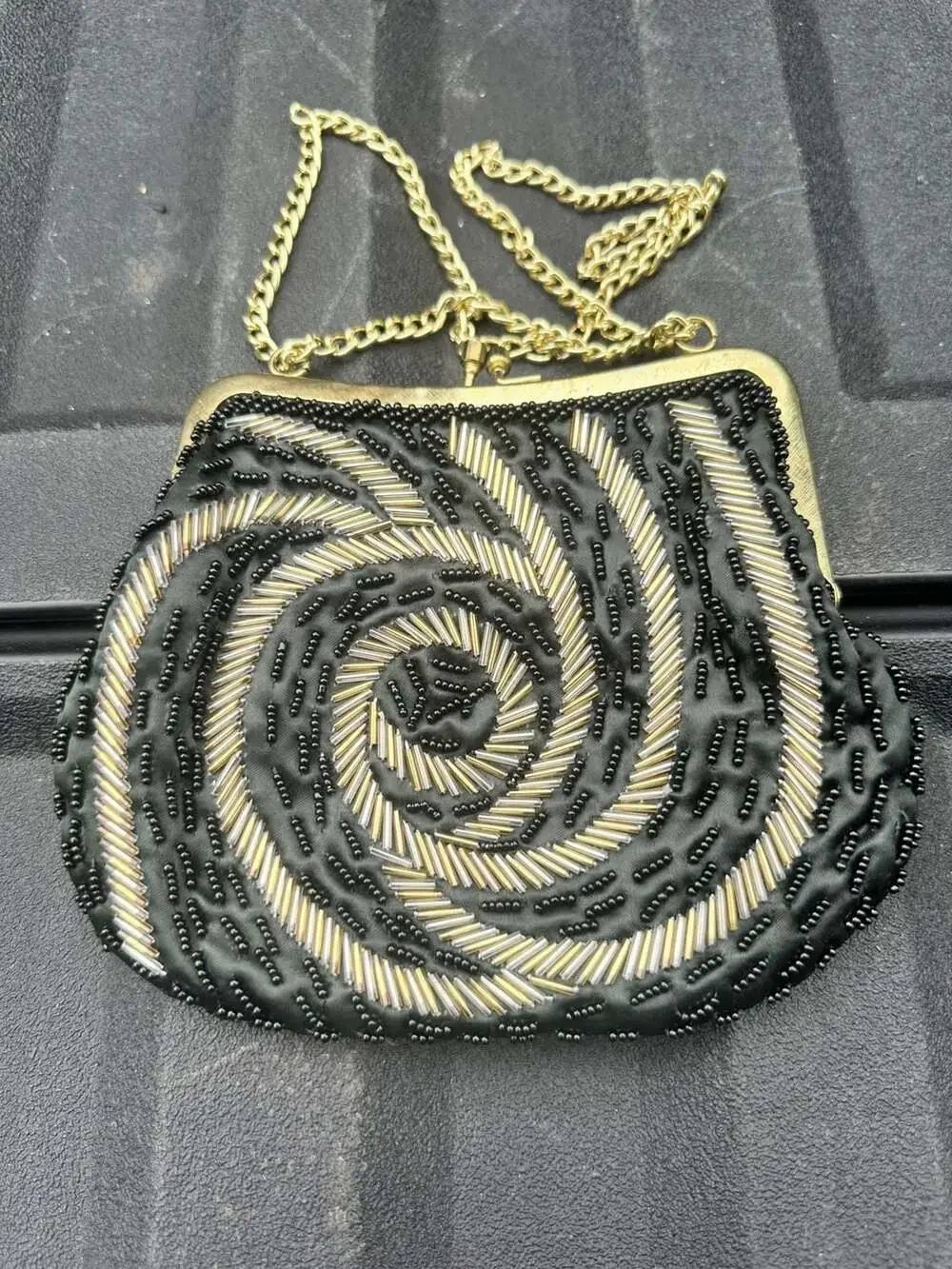 Regale Ltd. Vintage Black and Gold Swirl Beaded Evening Clutch Bag with Chain
